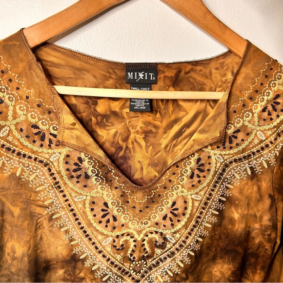 Mixit Brown Tie-Dye Blouse with Bead Embellishments - Size S - Picture 4 of 10